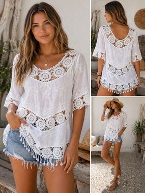Boho White Cotton Lace Crochet Blouse Tassel Hem Festival Top S/M
